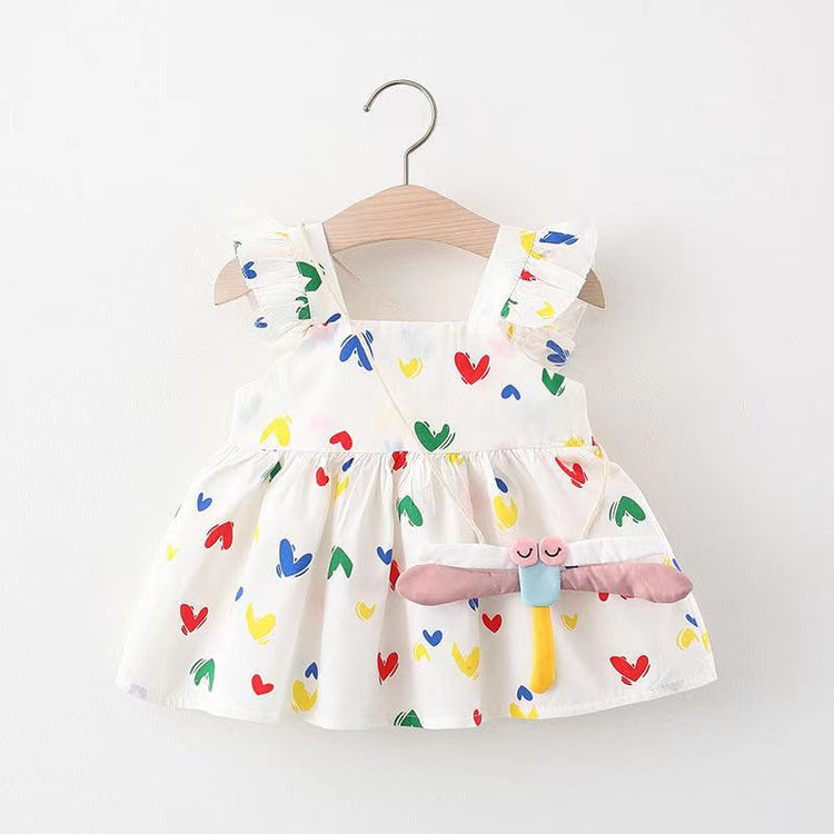 Baby Girl Love Print Cute Dress with Dragonfly Bag Set