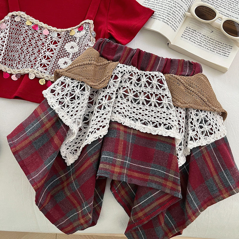 Girls Summer New Lace Stitching Plaid Top Skirt Two-piece Set