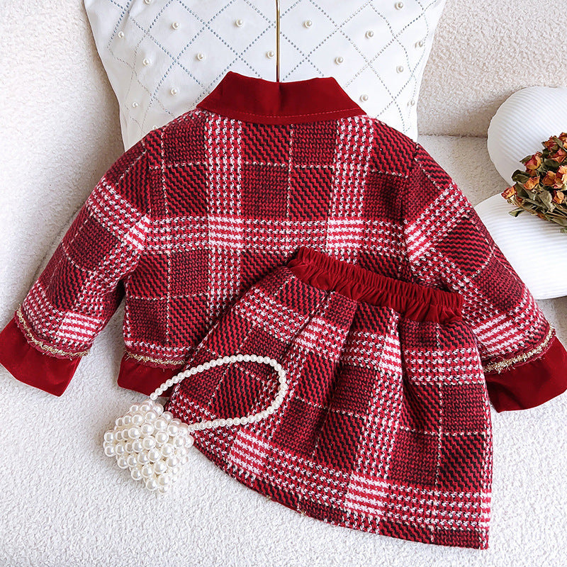 Girls' New Winter Tweed Jacket and Skirt Two-piece Suit