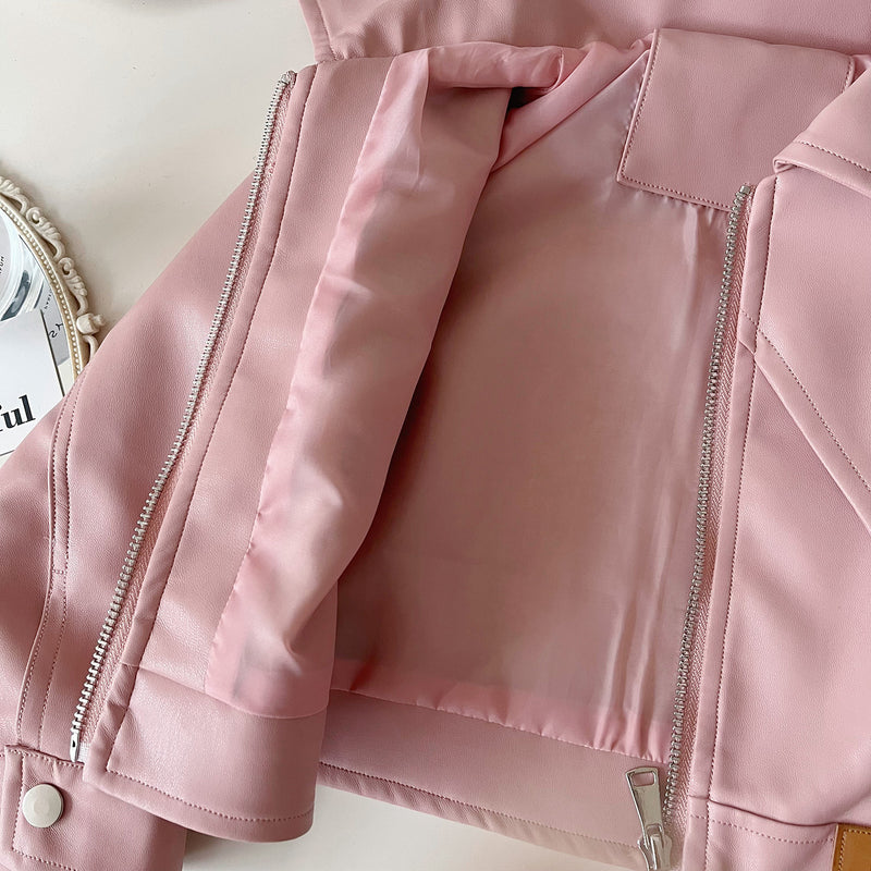 Girls Autumn Pu Leather Jacket Pleated Skirt Two-piece Suit