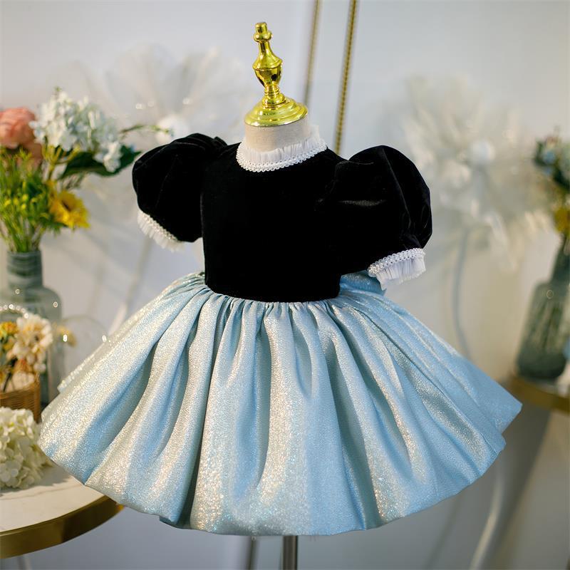 Sweet Baby Girls Black and Blue Puff Sleeve Backless Bow Princess Dress Toddler Ball Gowns