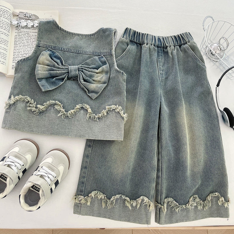 Girls' Denim Vest Shirt and Wide-leg Jeans Three-piece Set