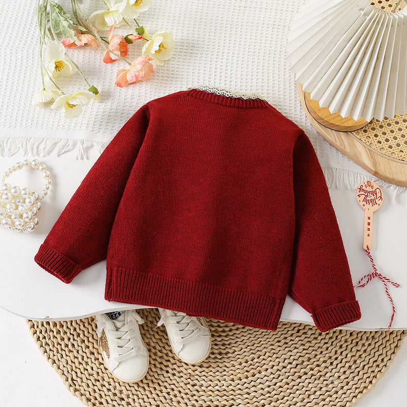 Girls Christmas Knitted Cardigan Mesh Tulle Tutu Skirt Two-Piece Set