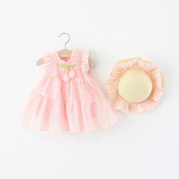 Girls Vertical Striped Tulip Fly Sleeve Dress