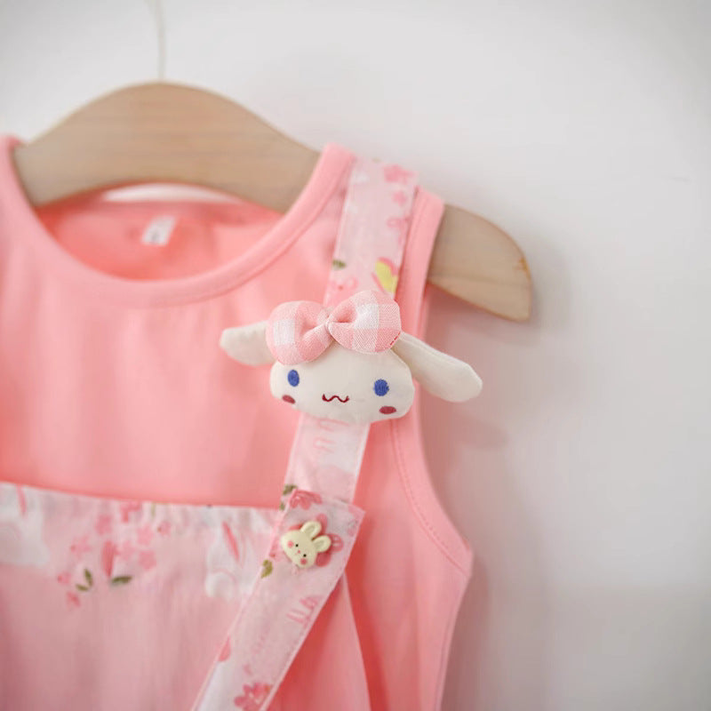 Summer Girls Knitted Sleeveless Top Pure Cotton Overalls Two-Piece Set