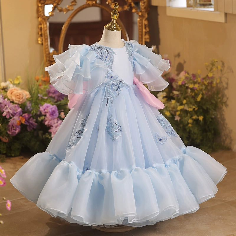 Girls Blue Birthday Dress Children's Puffy Party Princess Dress
