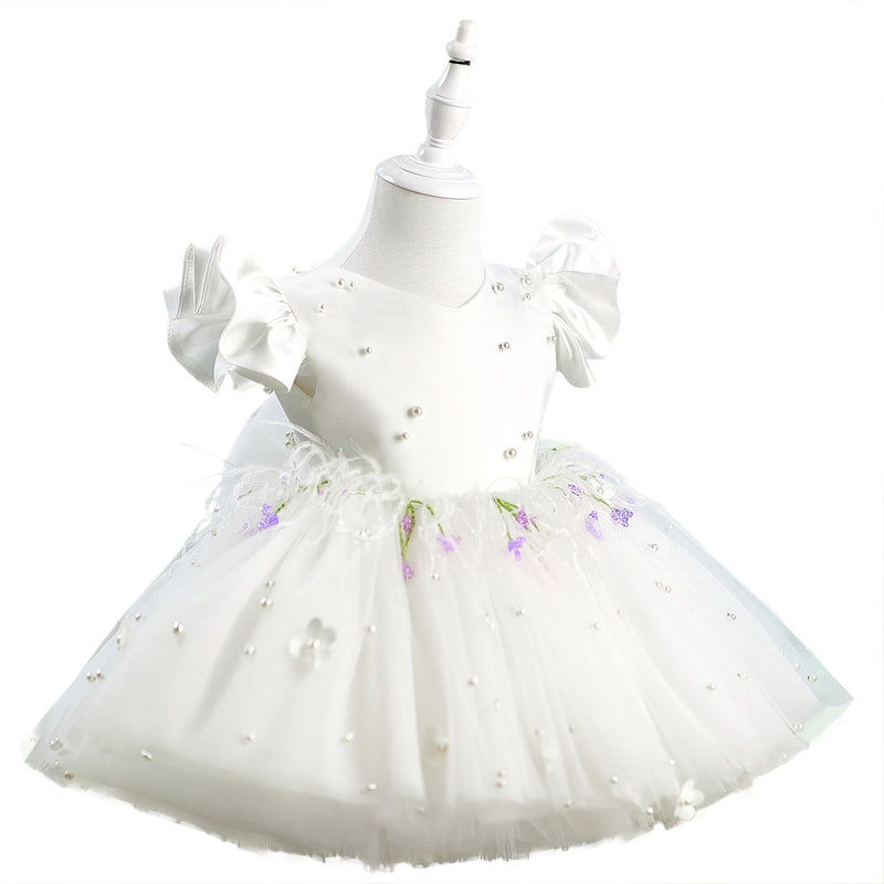 Girls White Communion Princess Dress Flower Girl Bow Dress