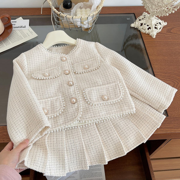 Girls' New Apricot Jacket and Pleated Skirt Two-piece Set