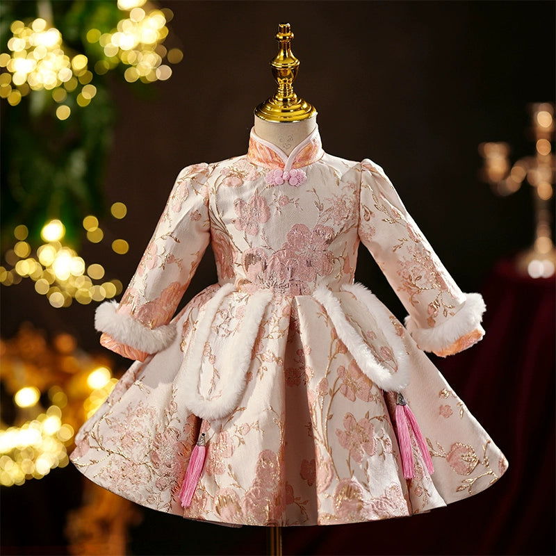 baby girl winter dress Cute Baby Girl Winter Dress Toddler Pageant First Birthday Princess Dress, Champagne / 2-3 Years (100cm)