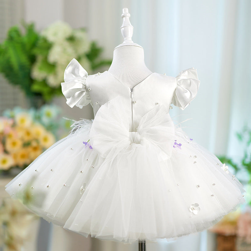 Girls White Communion Princess Dress Flower Girl Bow Dress