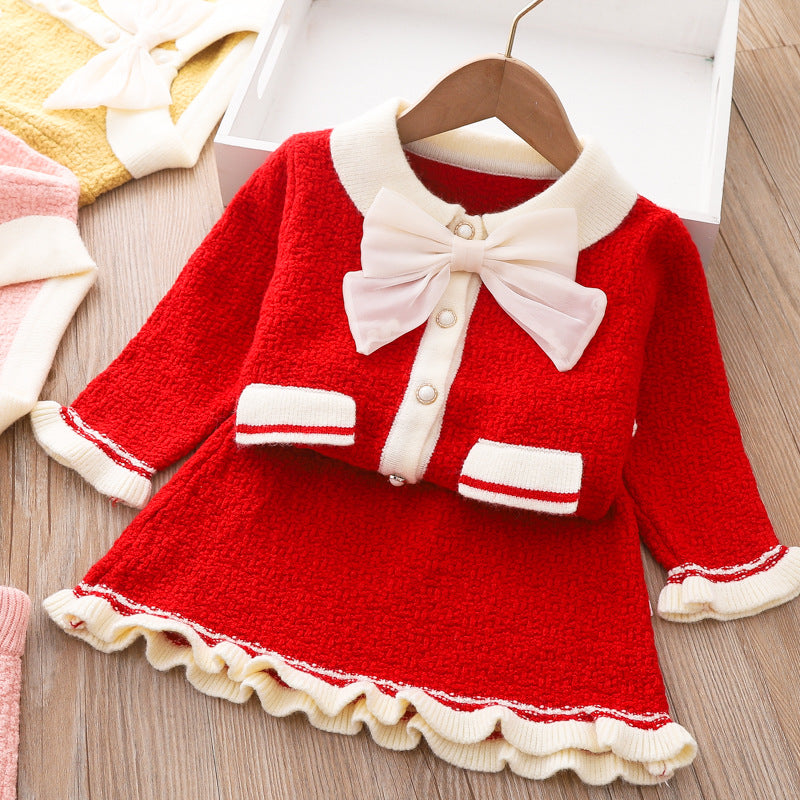 Cute Baby Girl Bow-knot Winter Dress Infant Knitted Sweater Two Piece Set Dress