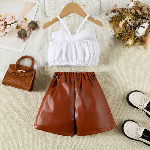 Girls Bowknot Camisole PU Leather Skirt Pants Two-piece Set