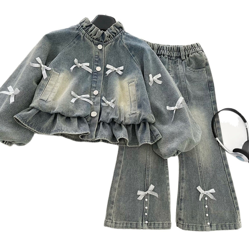 Girls' Denim Bow Beaded Jacket and Jeans Two-Piece Set