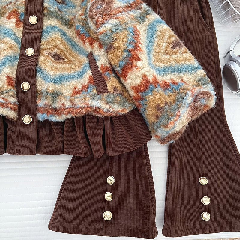 Girls' Winter Fleece Hooded Coat Flared Pants Two-Piece Set