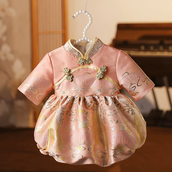 Elegant Baby Disc Button Stand Collar Pattern Romper