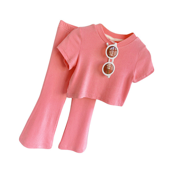 Cute Baby Girl Round Neck Short-sleeved Top Nine-quarter Wide-leg Pants Suit