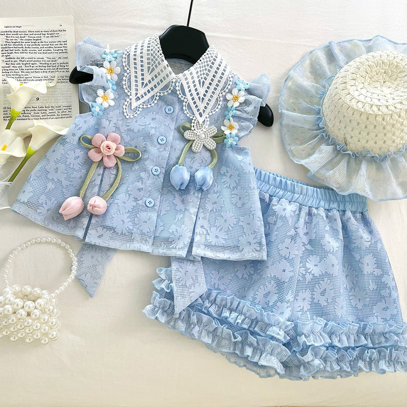 Girls Flying Sleeves Bowknot Babydoll Shirt Shorts Two-piece Set