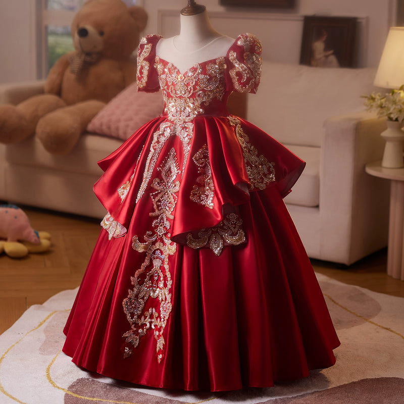 Girls Christmas Red Dress Children's Birthday Princess Dress Flower Girl Dress