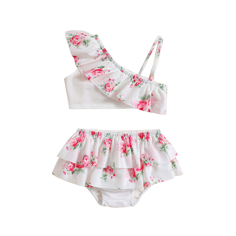 Baby Girls Flower Print One Shoulder Strap Swimsuit Two-Piece Set
