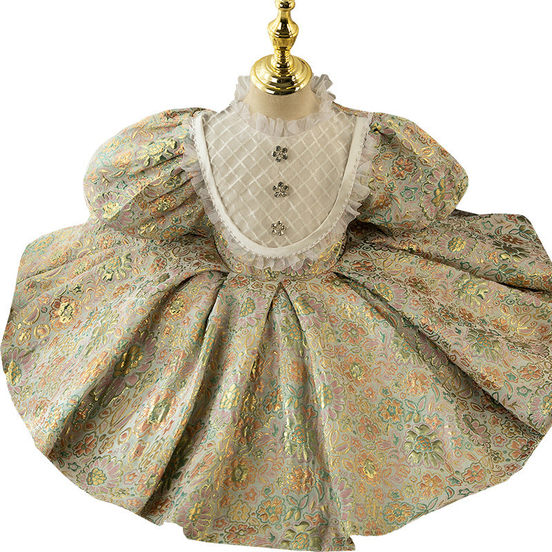 Baby Girls Retro Birthday Lace Puff Sleeve Princess Dress