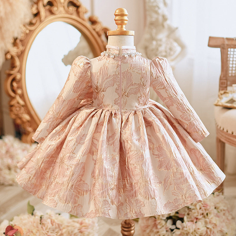 Elegant Baby Pearl Plate Button Bow Pattern Princess Dress Toddler Ball Gowns Pageant Dresses