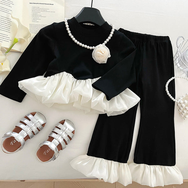 Girls' Autumn Ruffled Top and Bootcut Pants Two-Piece Set