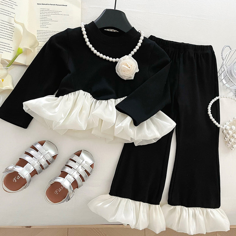 Girls' Autumn Ruffled Top and Bootcut Pants Two-Piece Set