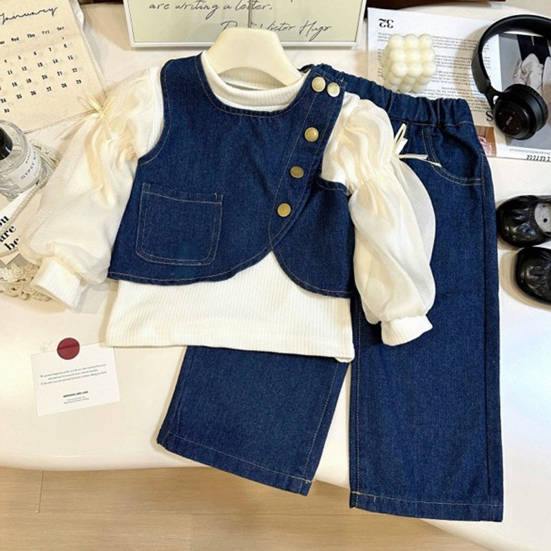 Girls' Denim Vest Bottoming Shirt and Straight Pants Three-piece Set
