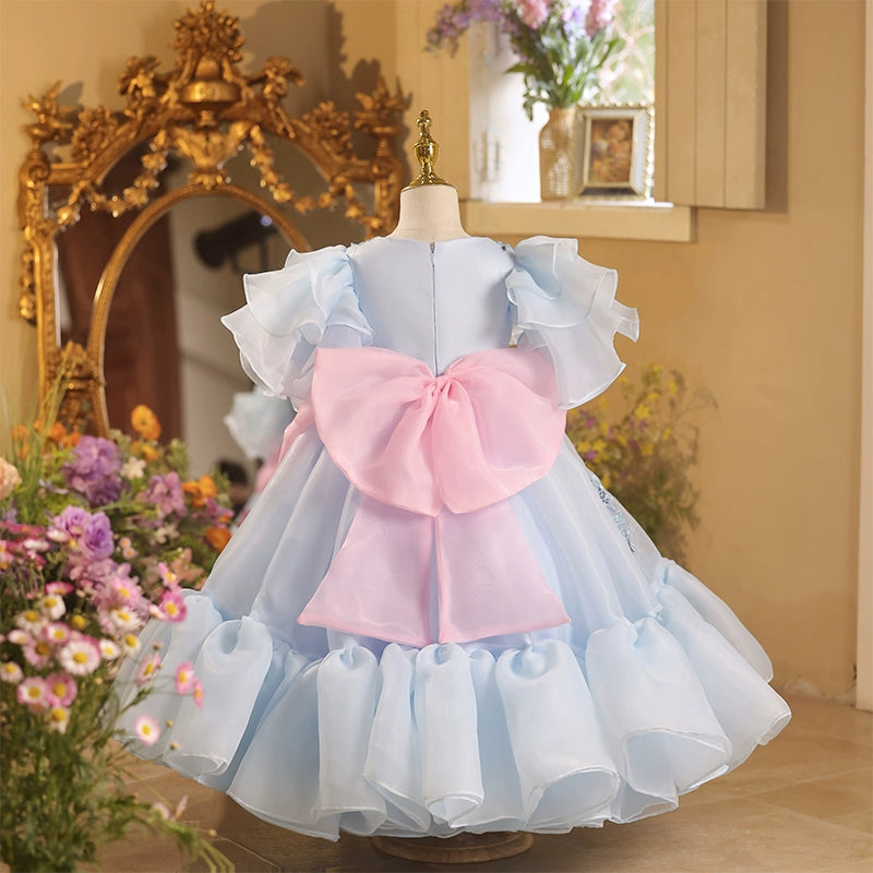 Girls Blue Birthday Dress Children's Puffy Party Princess Dress