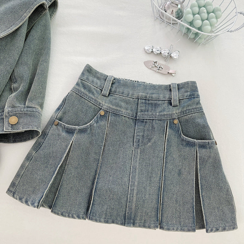 Girls' Autumn Denim Jacket Pleated Skirt Two-Piece Set