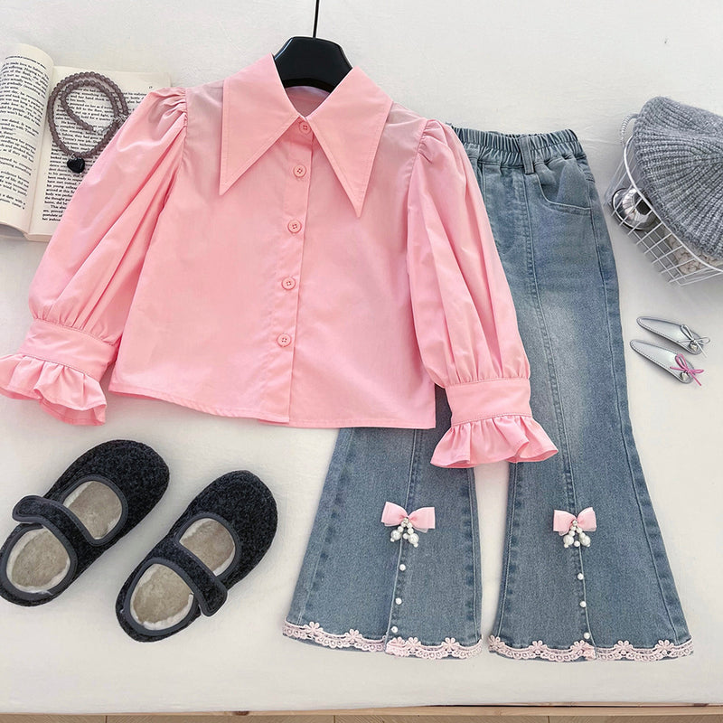 Baby Girl Vest Shirt and Flared Jeans Three-Piece Set