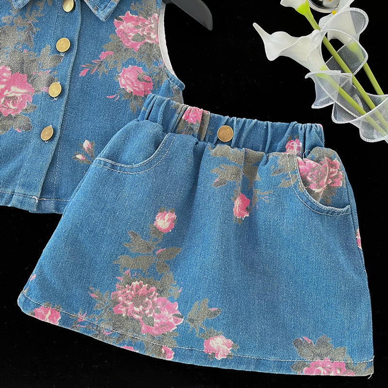 Girls Summer Printed Sleeveless Vest Short Skirt Two-piece Set