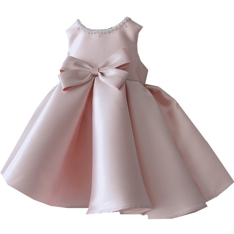 Baby Girl Birthday Party Bead Collar Sleeveless Bow-knot Princess Dress