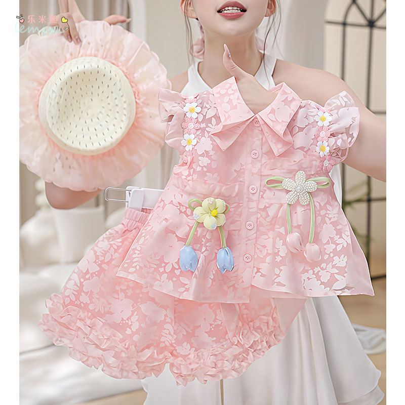 Summer Girls Pink Three-Dimensional Flower Suit Princess Style Backless Lace Shorts Two-Piece Suit