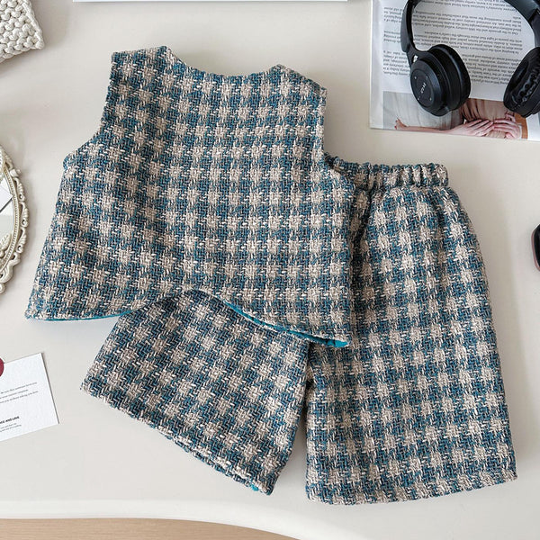 Girls' Autumn New Plaid Bottoming Shirt Vest Shorts Three-piece Set