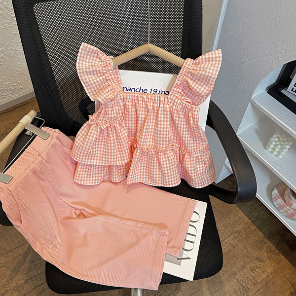 2024 New Girls Summer Suit Plaid Suspender Two-piece Set