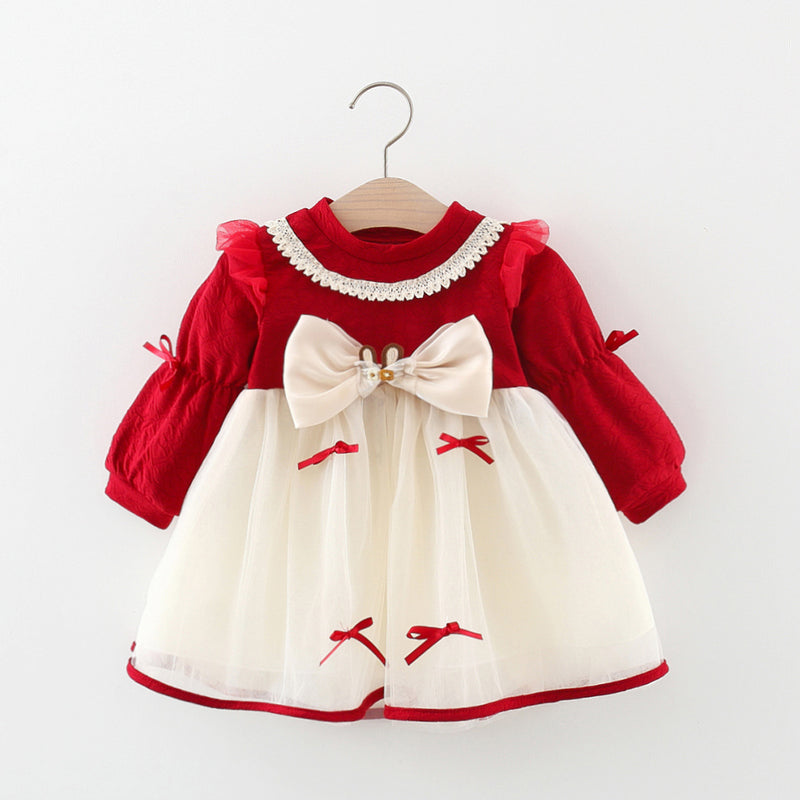 Children's Bow Patchwork Princess Dress Girls Lolita Dress Autumn