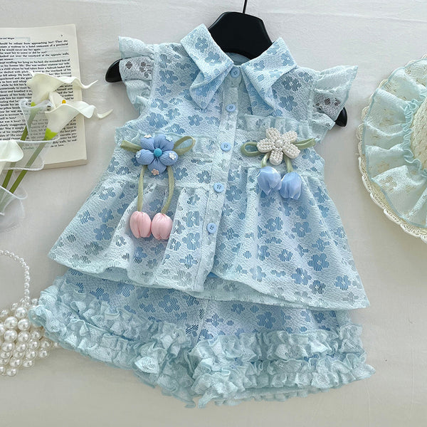 Girls Summer New Style Flying Sleeve Top Flower Lace Shorts Two-piece Set