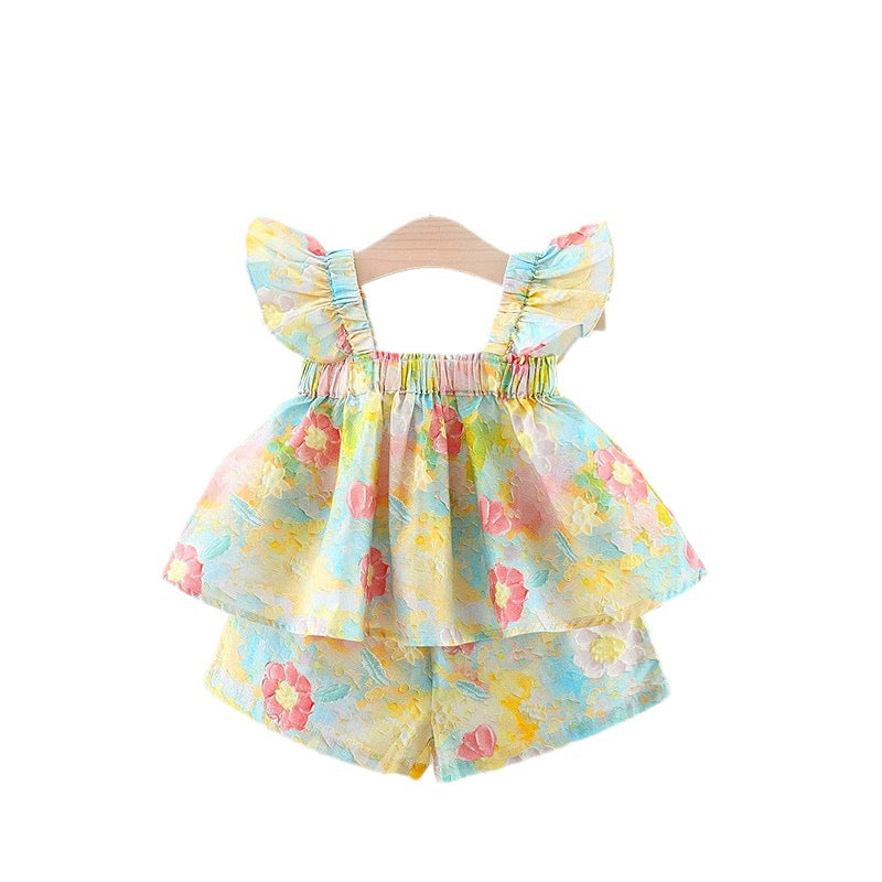 Baby Girls Set Printed Flying Sleeve Suspender Elastic Shorts Two-piece Set