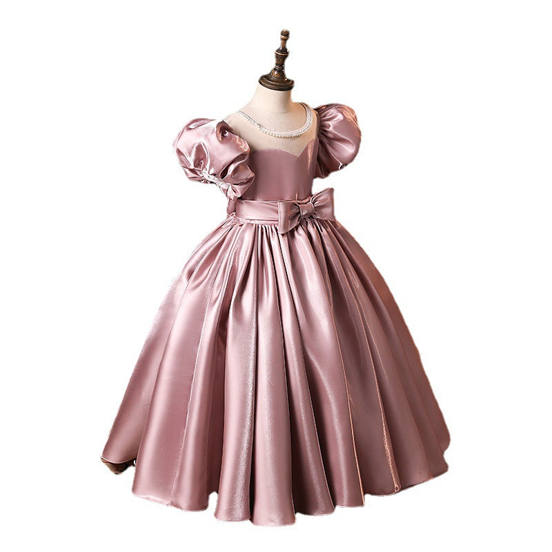 Baby Girl Birthday Party Pearl Tulle Puff Sleeve Princess Dress