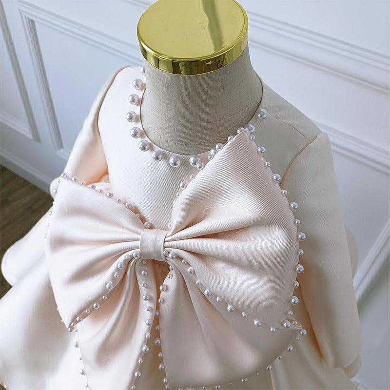 Cute Baby Girl Champagne Big Bow Dress Toddler Beauty Pageant Princess Dress