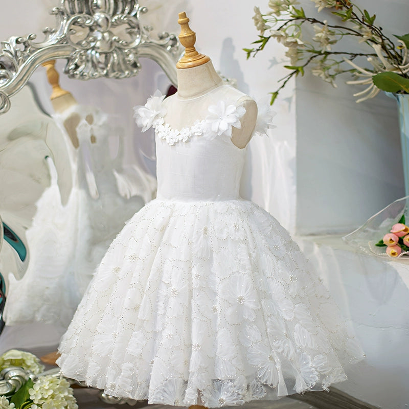 Girls Birthday Princess Dress White Flower Girl Wedding Puffy Dress