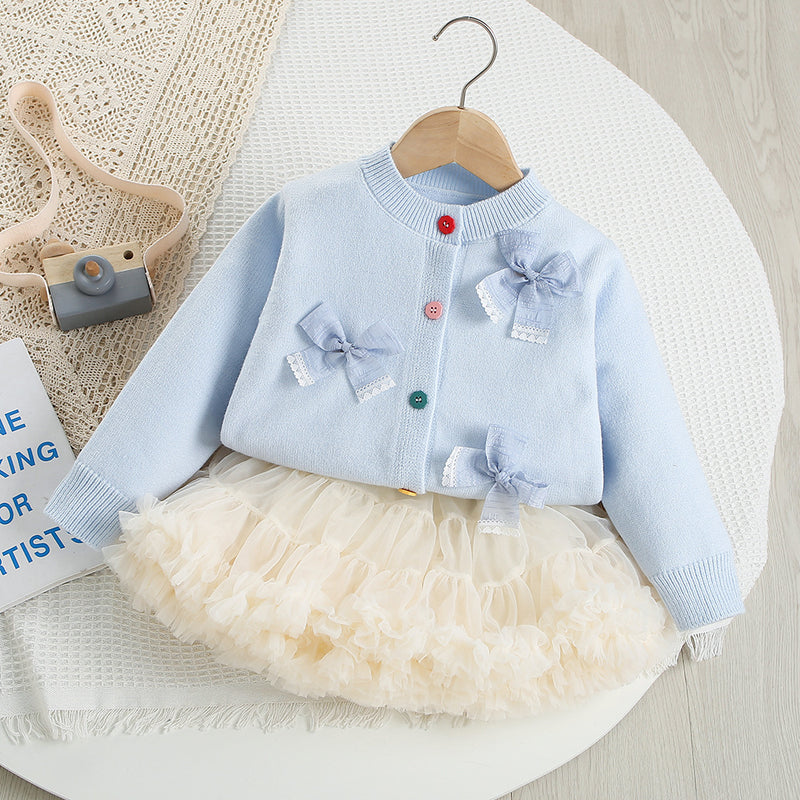 Girls Bowknot Solid Color Knitted Cardigan Mesh Tulle Puffy Skirt Two-Piece Set