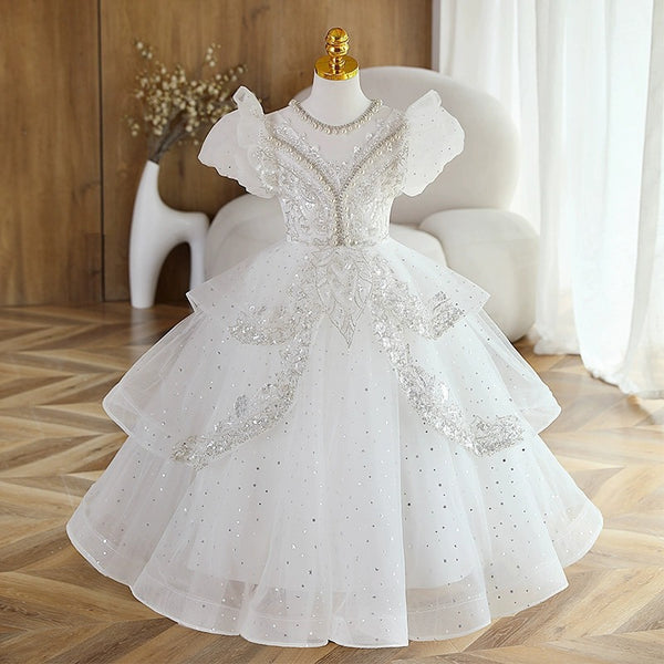 Elegant Baby Girls White Sequined Mesh Princess Dress Toddler First Communion Dress