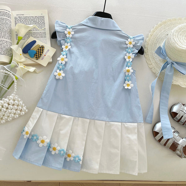 Girls Summer Flying Sleeve Flower Pleated Colorblock Princess Dress