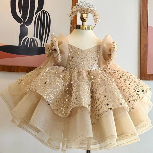 Flower Girl Elegant Sequin Dress Girls Birthday Tulle Bow Princess Dress