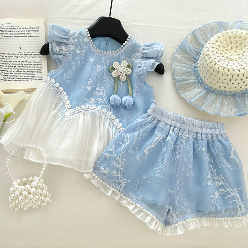 Girls Summer Fly Sleeve Color Block Top Lace Shorts Two-piece Set
