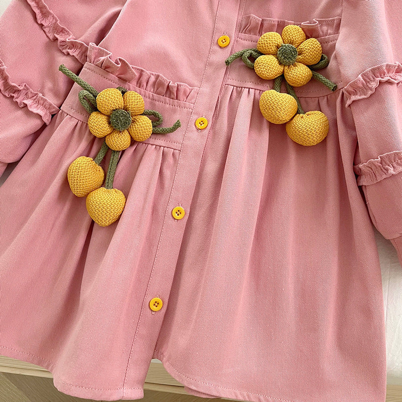 Girls New 3D Flower Long Sleeve Shirt Dress