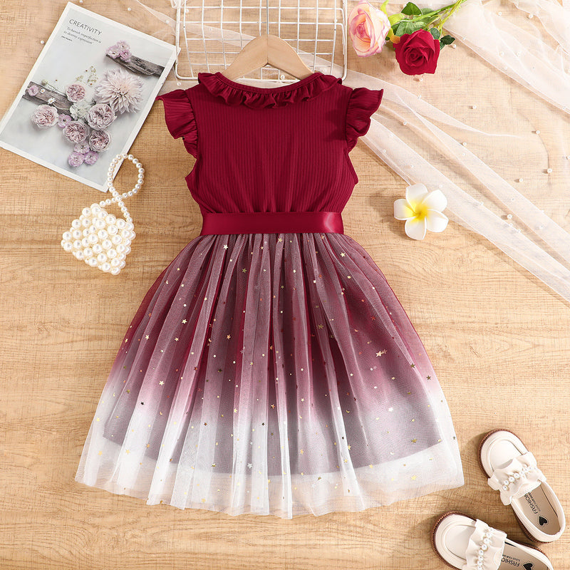 Girls Elegant V-neck Birthday Belt Princess Dress