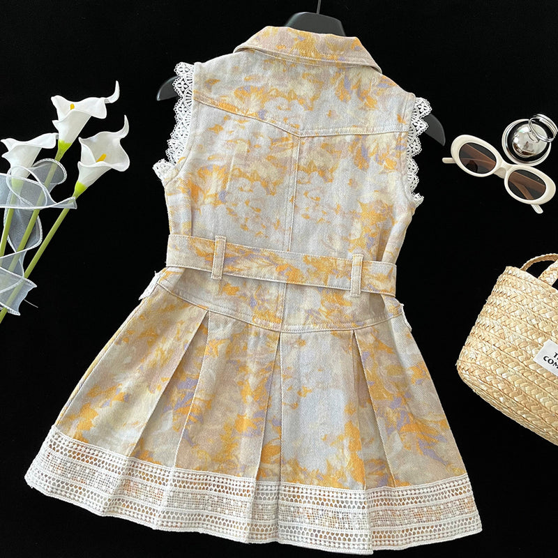Girls Summer Sleeveless Denim Lapel Lace Princess Dress